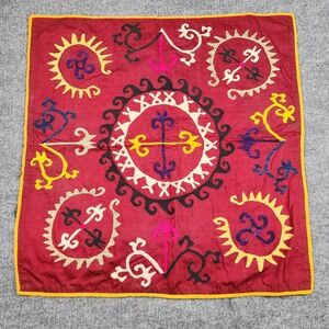 Uzbek Suzani Hand Embroidered Textile Red Square Wall Hanging Folk Art 22x22